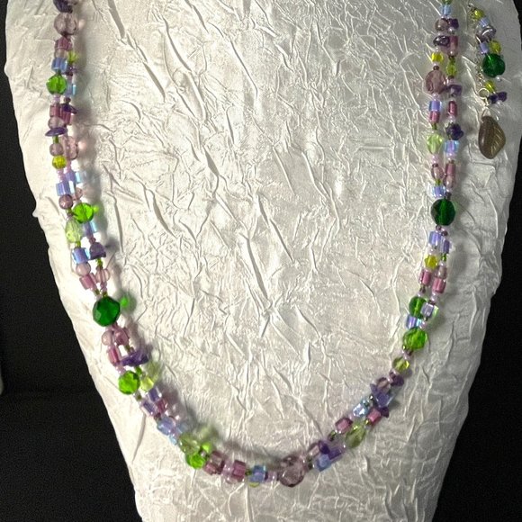NEW Springtime Green Purple Blue & Pink Beads & Silver Tassel 2-Strand Necklace - Picture 3 of 7